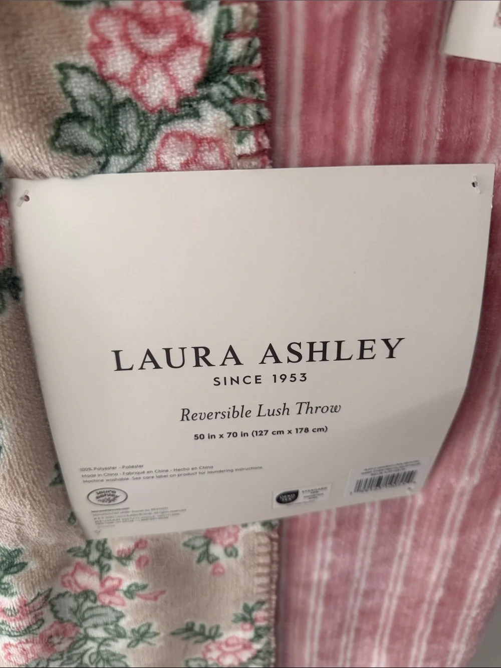 Laura Ashley Pink Floral and Stripe Reversible LushThrow Blanket